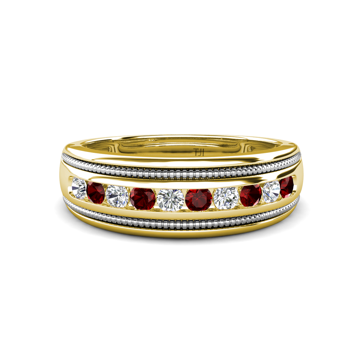 Zaid 0.57 ctw Round Lab Grown Diamond and Red Garnet Two Toned and High Polished Edges Men Wedding Band (8 mm) 